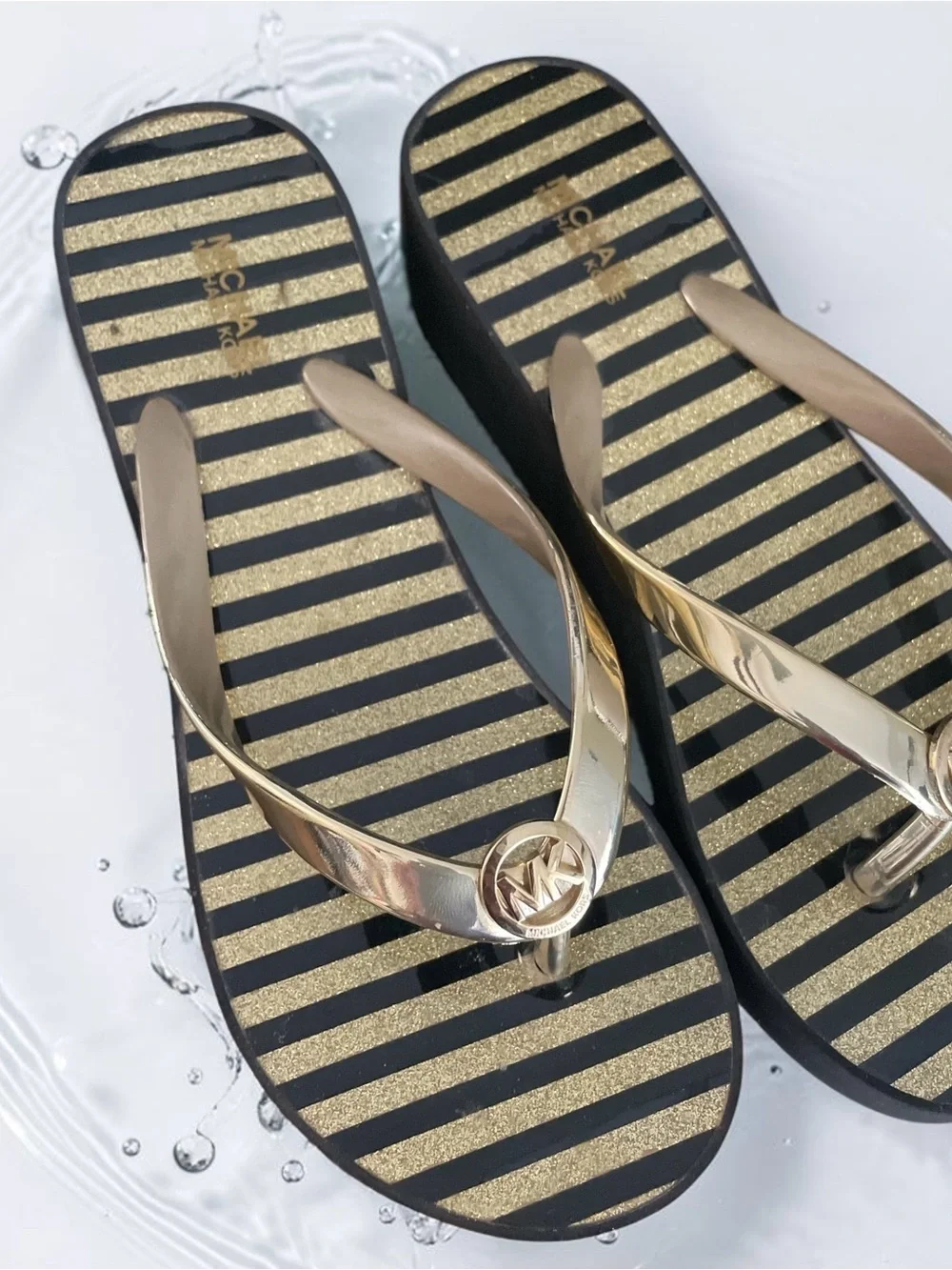 Michael Kors Women's Gold & Black Striped Wedge Flip Flops Size 8